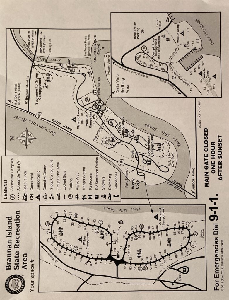 A black and white map of the Brannan Island State Recreation area.