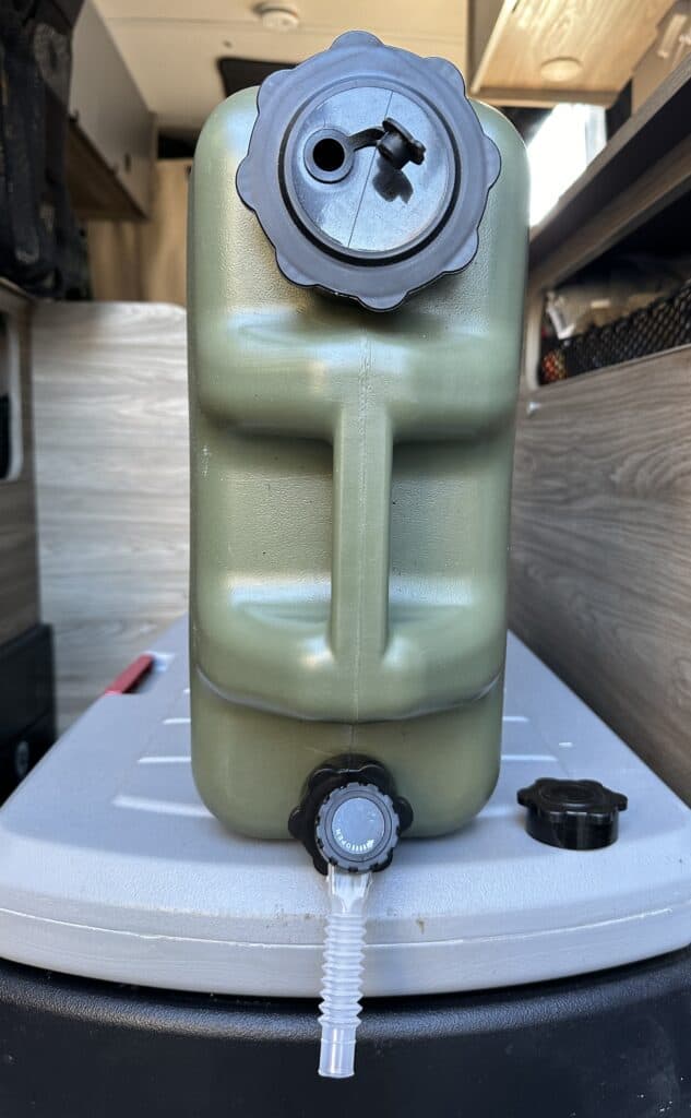 green water jug in a van