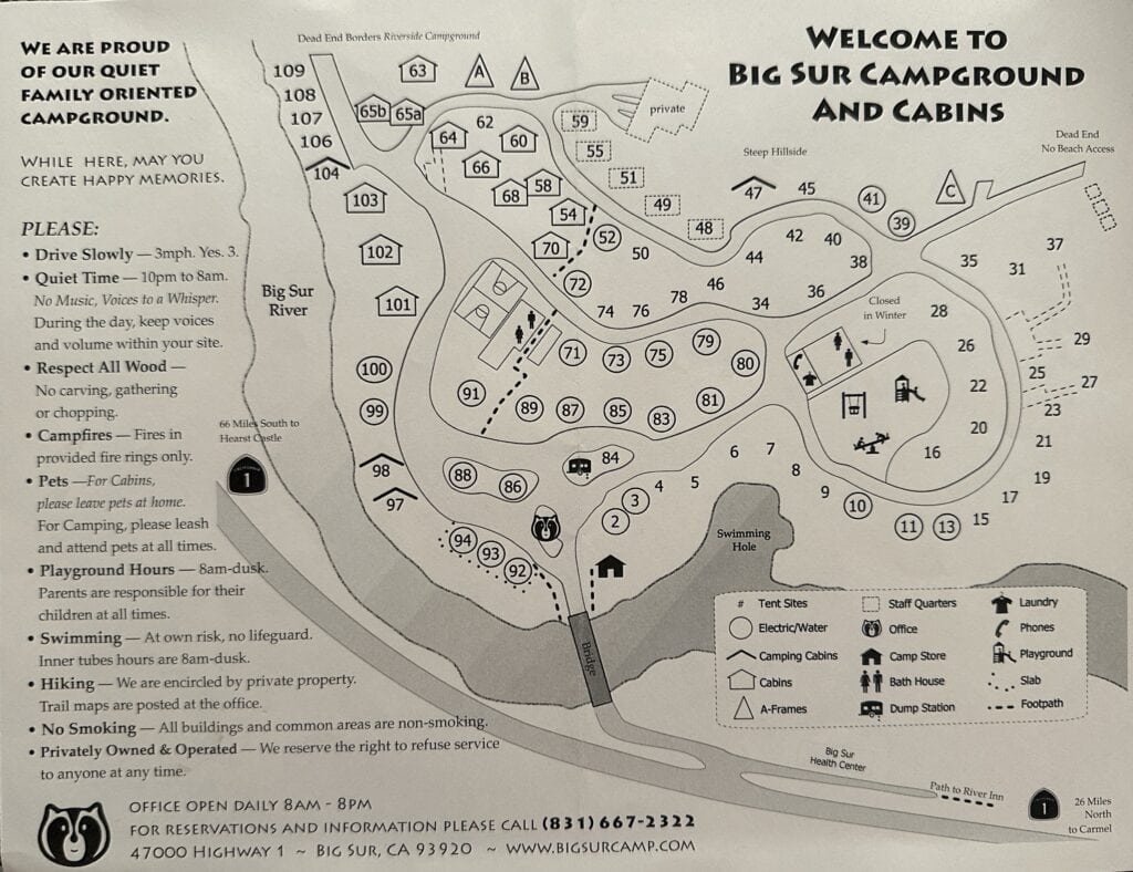 big sur campground and cabins map