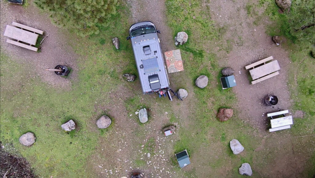 aerial view of a van in a campsite at mineral bar campground