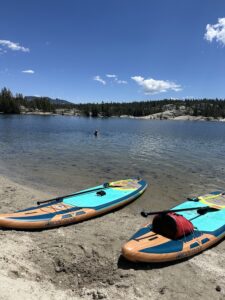 two paddle boards on a sandy beach at utica reservoir