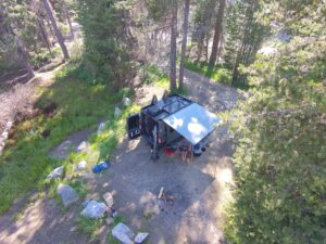 aerial view of the van in the campsite