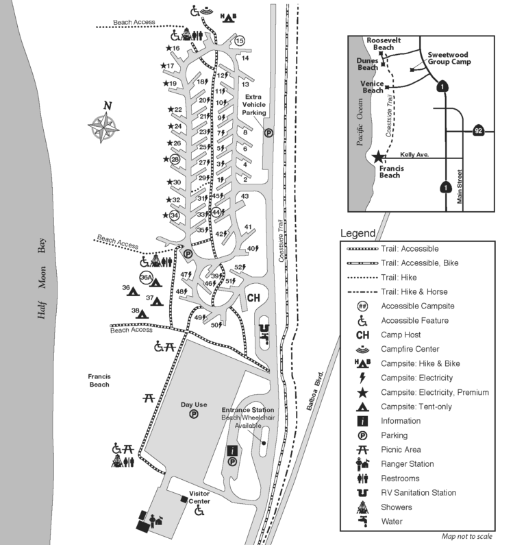 white, gray and black map of the francis beach campground