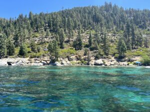 looking at the shore over the turquoise water