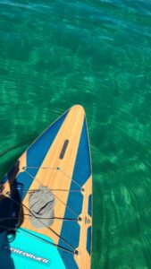 turquoise water below the end of a paddle board