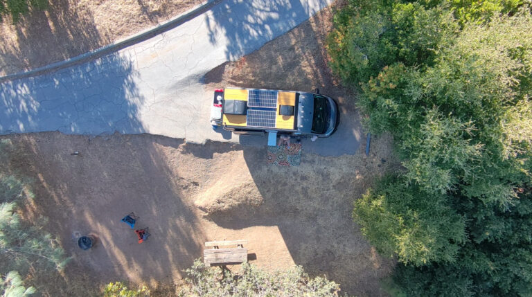 aerial view of the van in the campsite